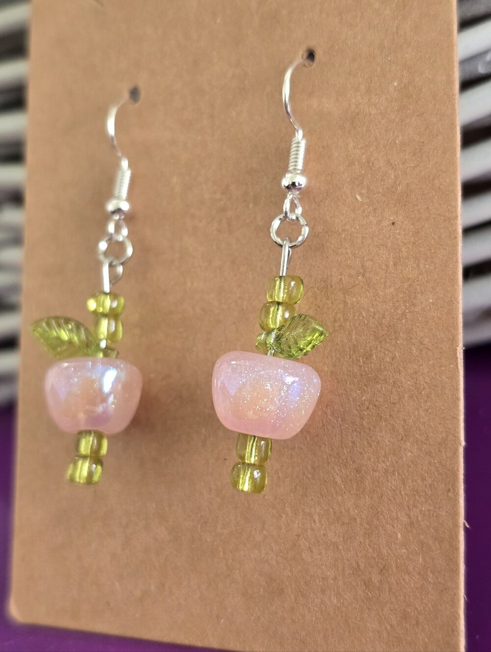Glitter Apple Glass Dangle Earrings with Green Leaves Handmade 3 COLORS - Picture 12 of 12